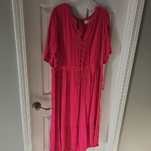 LOFT Bright Pink Buttoned Midi Dress